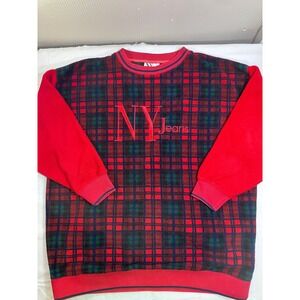 Vintage NY Jeans Red Plaid Fleece Pullover Sweatshirt Mens Medium Oversized 90s